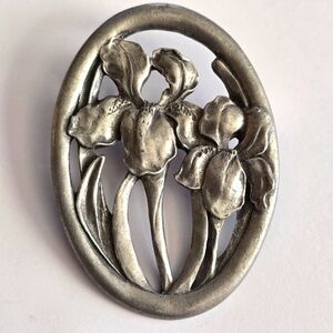 Vintage brooch Iris flowers Seagull Pewter  1987 oval floral pin art nouveau